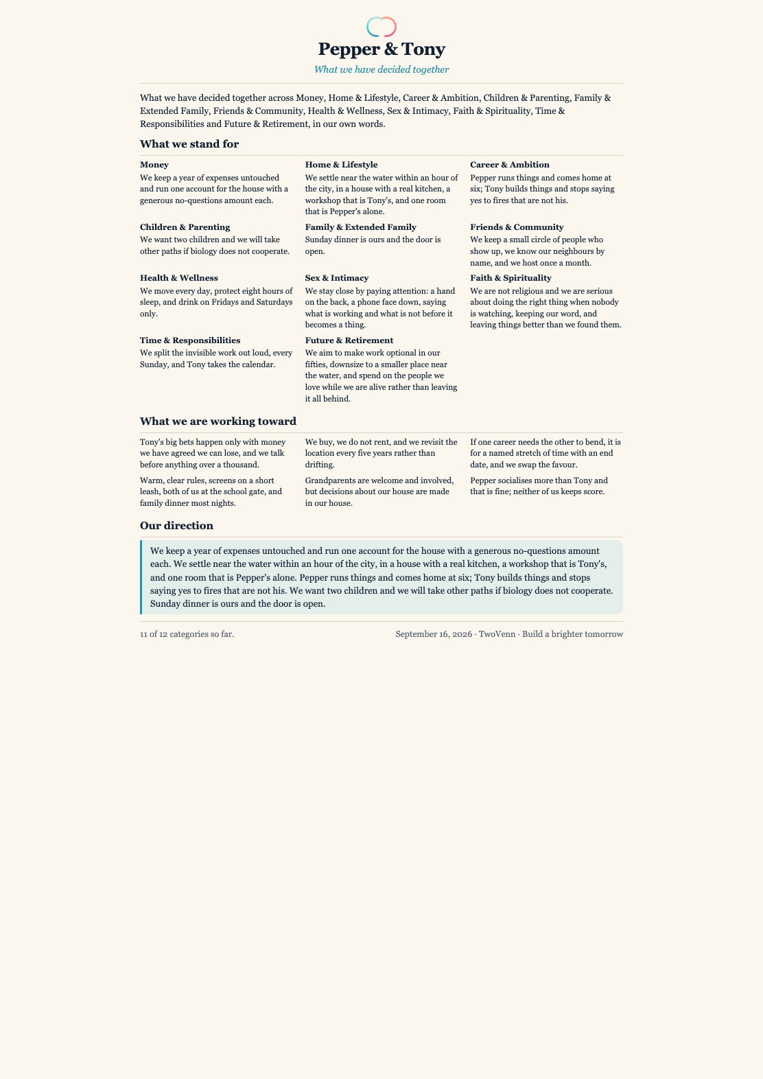 A printed Our Life letter for Pepper and Tony: what we stand for, what we are working toward, and our direction, one category at a time